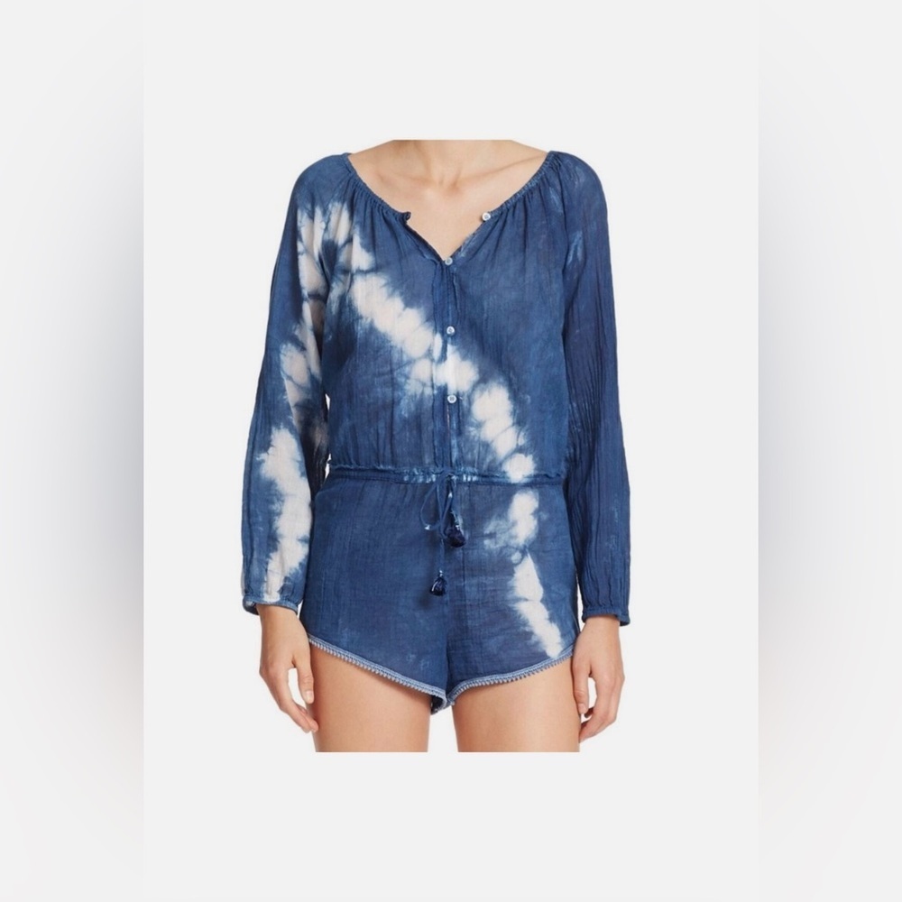Love Shack Fancy Navy Blue Tie Dye Cotton Gauze Romper Cover up